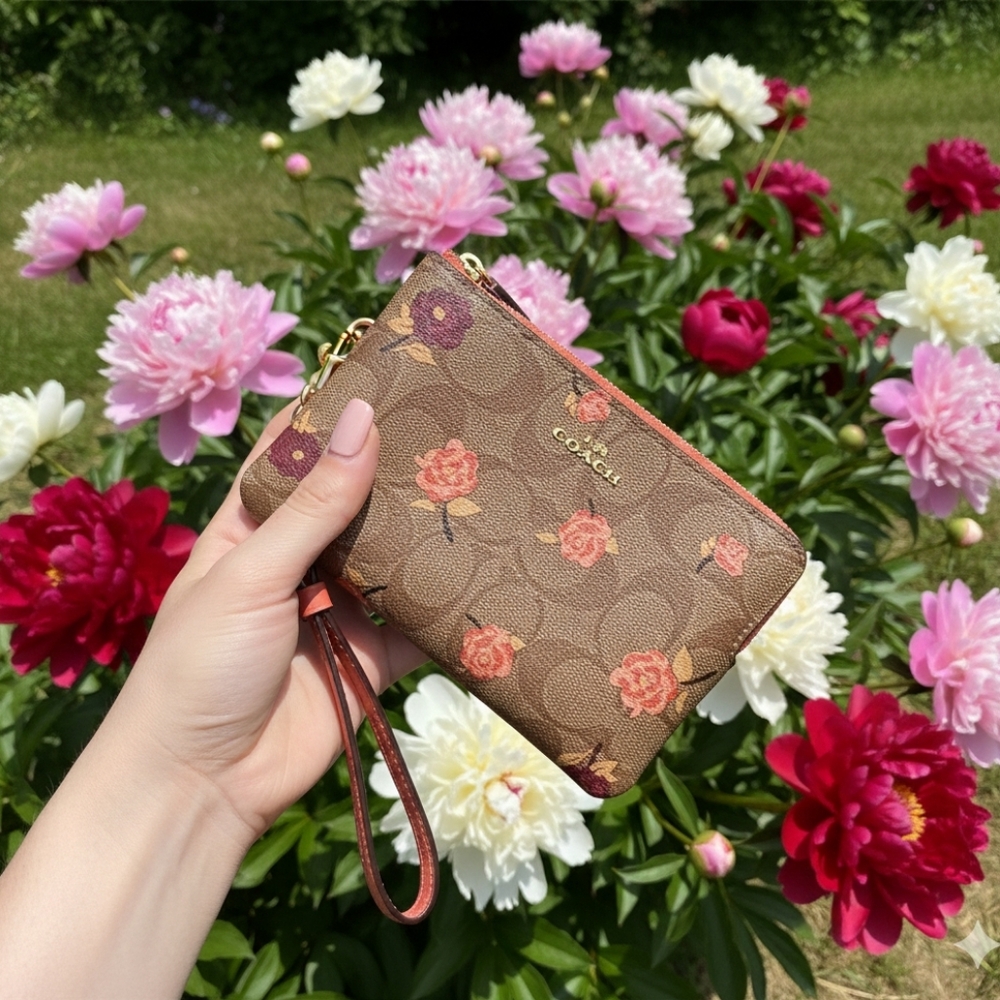 Coach Corner Zip Wristlet in Signature Canvas with Tossed Peony Print F67535
